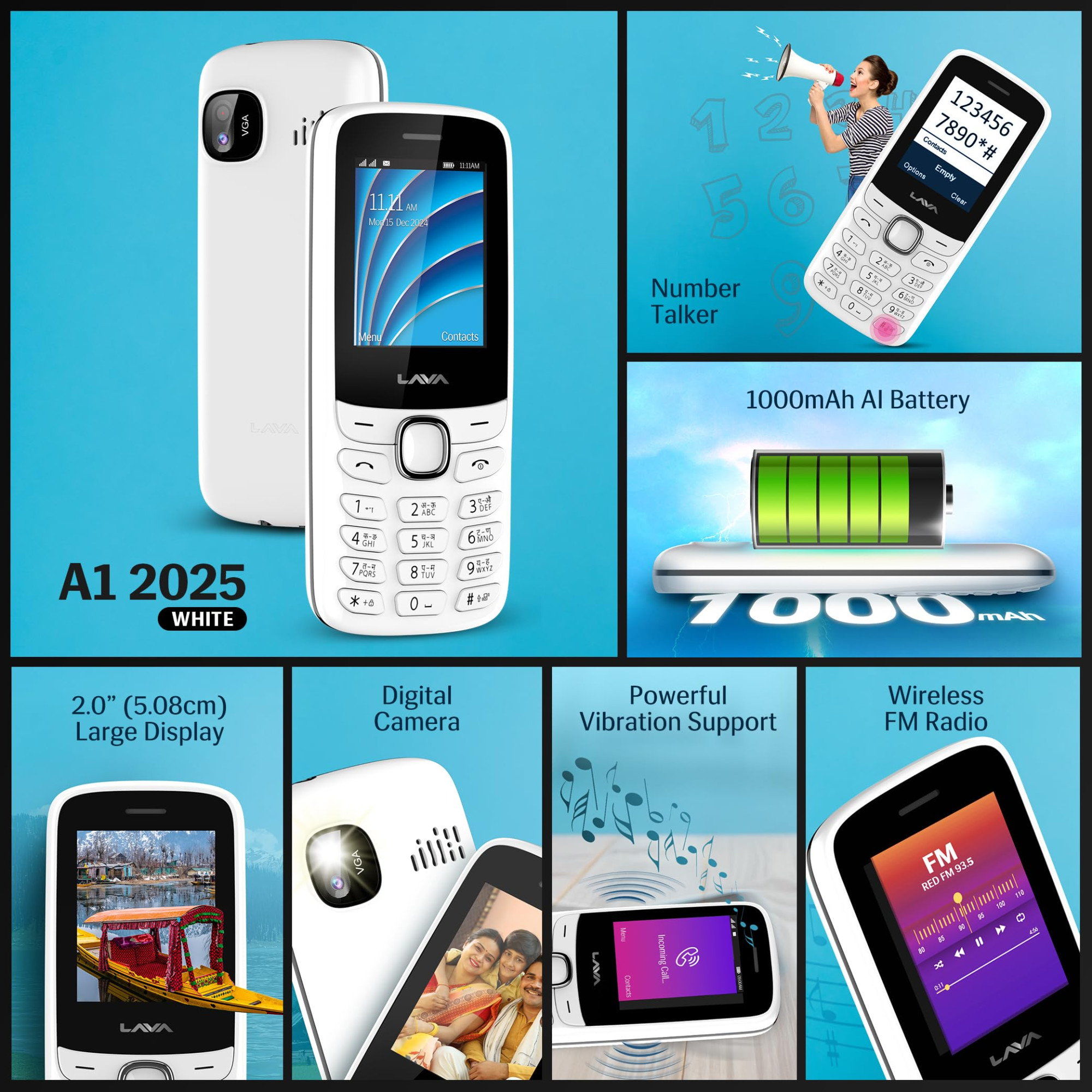 Lava A1 Vibe 2025 Dual SIM Keypad Phone with 2 Big Display Long-Lasting AI Battery Vibration Alert FM Radio MP3 Player Military-Grade Durability White