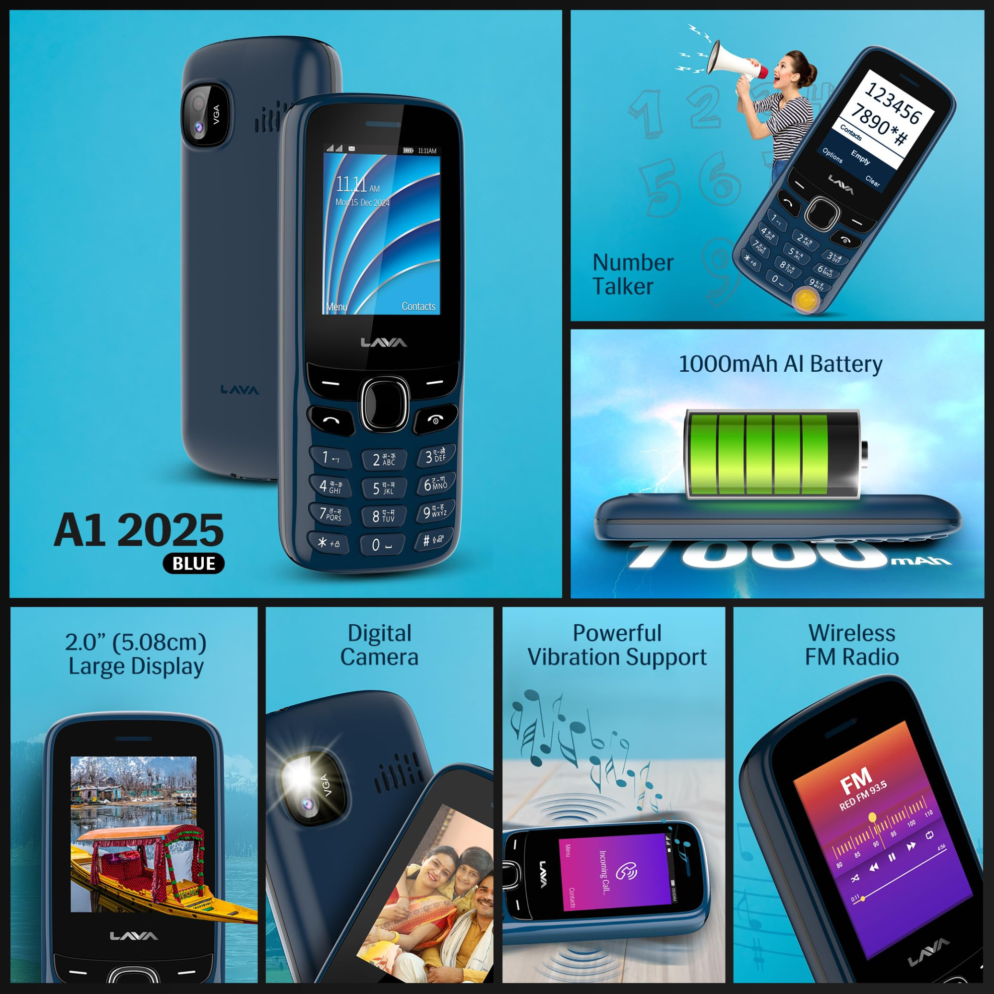 Lava A1 Vibe 2025 Dual SIM Keypad Phone with 2 Big Display Long-Lasting AI Battery Vibration Alert FM Radio MP3 Player Military-Grade Durability Blue