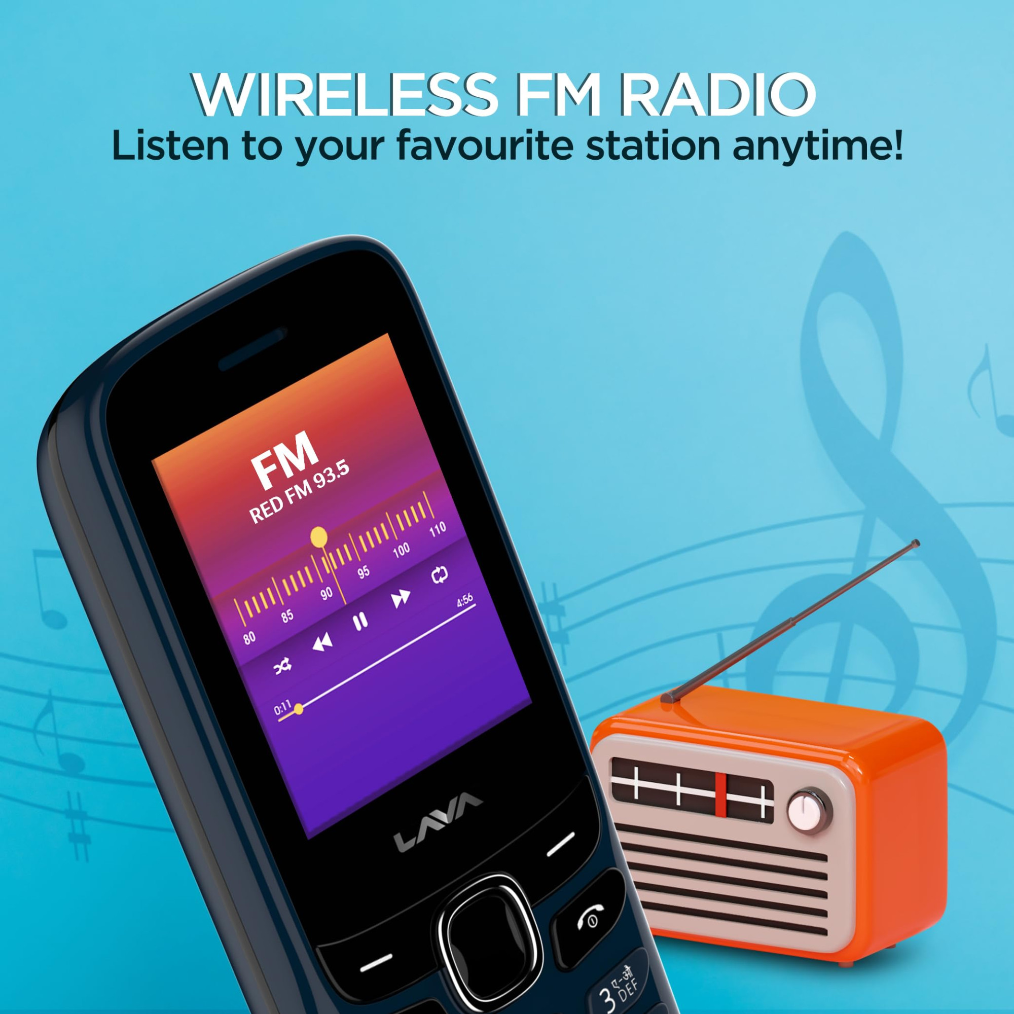 Lava A1 Vibe 2025 Dual SIM Keypad Phone with 2 Big Display Long-Lasting AI Battery Vibration Alert FM Radio MP3 Player Military-Grade Durability Blue