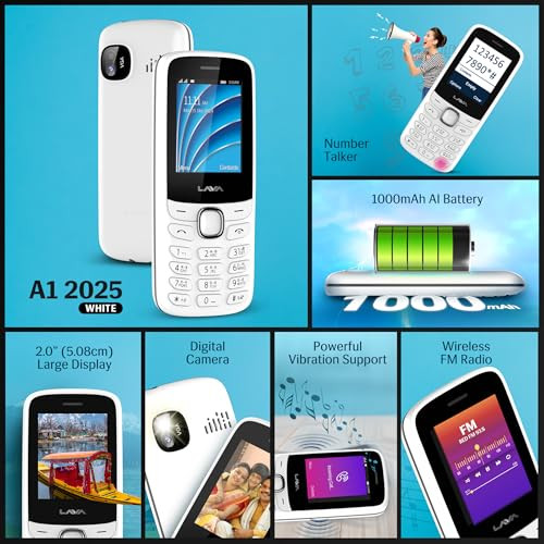 Lava A1 Vibe 2025 Dual SIM Keypad Phone with 2 Big Display Long-Lasting AI Battery Vibration Alert FM Radio MP3 Player Military-Grade Durability White
