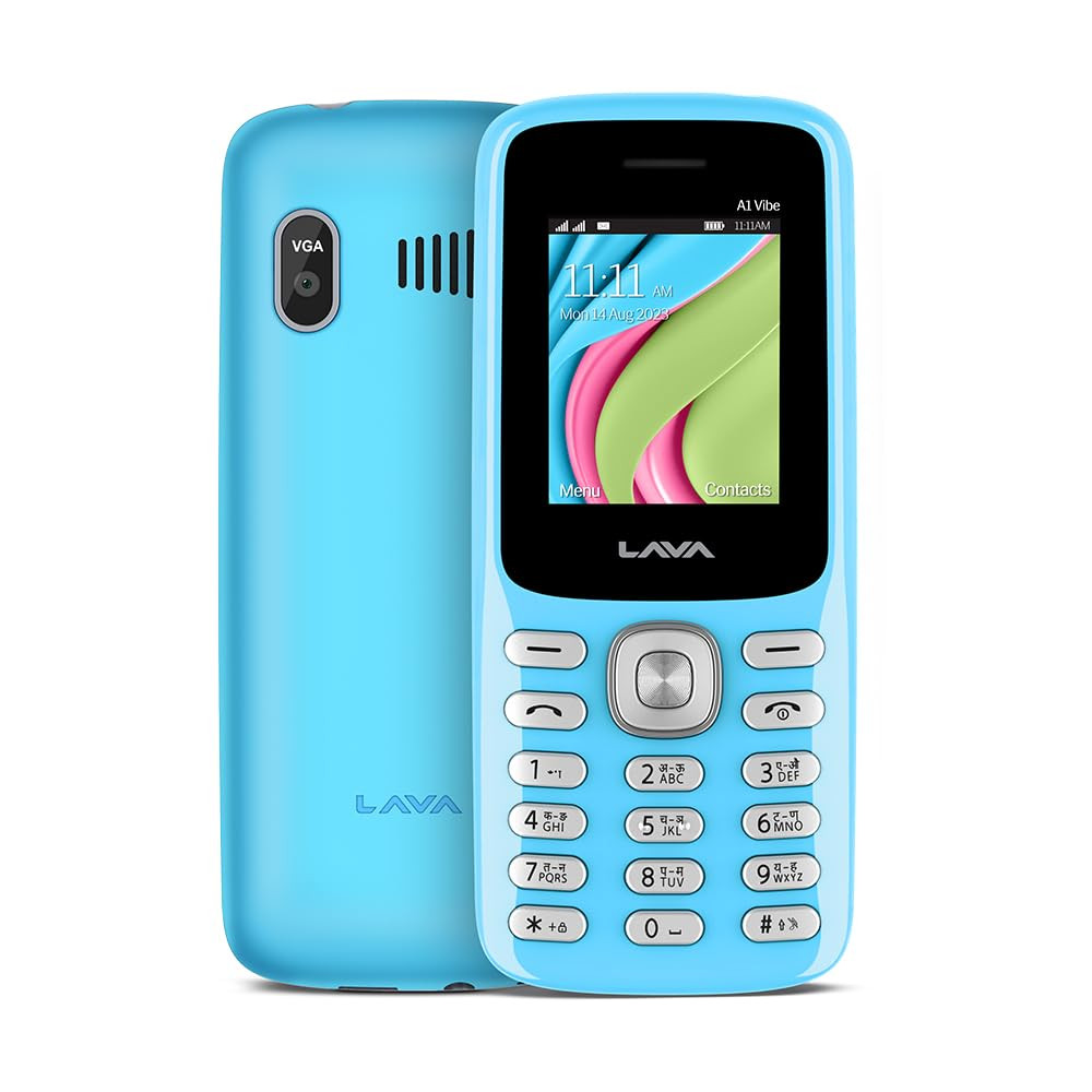 Lava A1 Vibe Dual Sim Keypad Mobile Phone with Vibration Alert 18 Large Display AI-Powered 1000 mAh Battery Number Talker Military Grade Body Call Blink Notifications Candy Blue