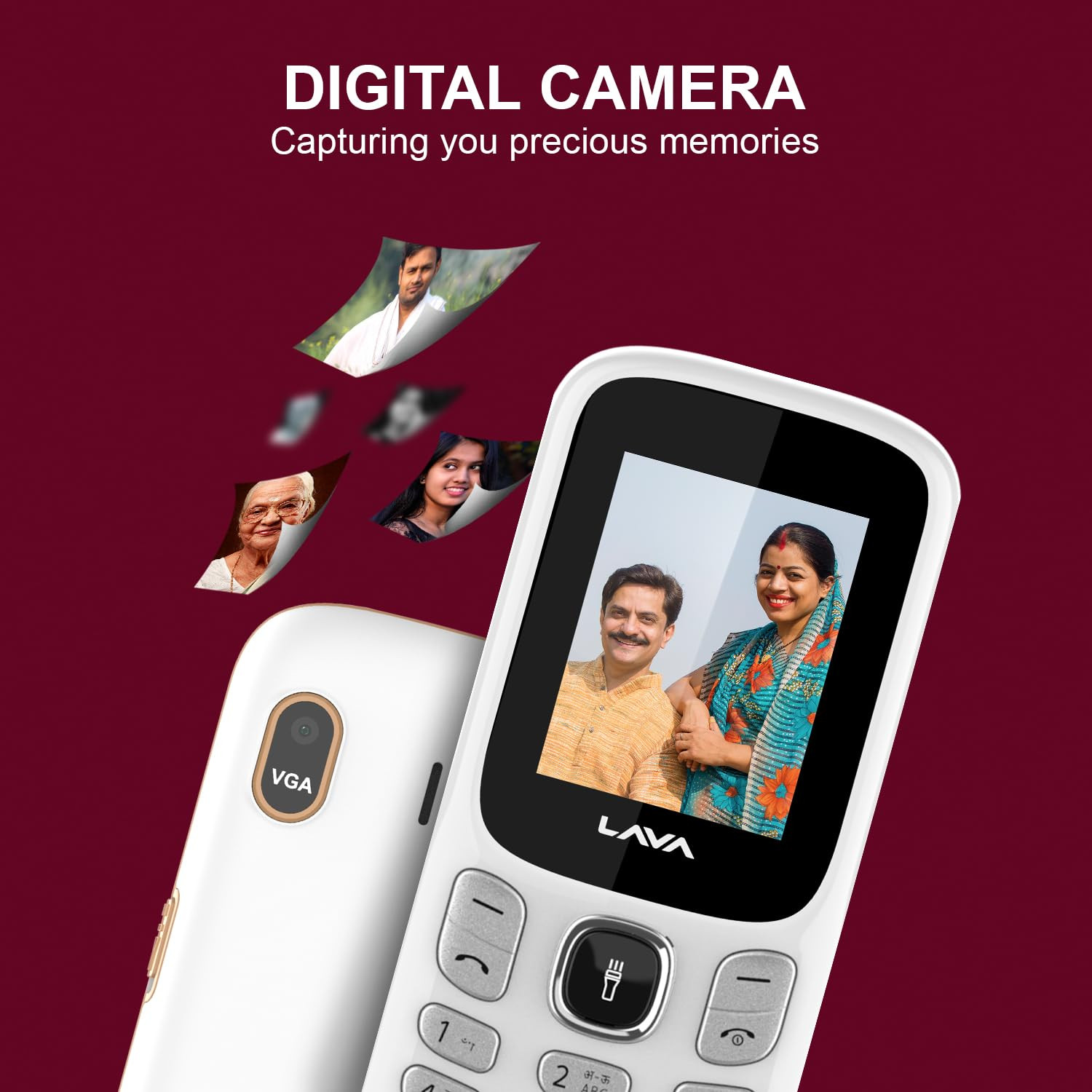 Lava A3 Torch Dual Sim Keypad Mobile Phone 1750mAh Big Battery Quad Strip Torch Slide Button 18 Large Display Vibration Alert 7 Language Support White Beige