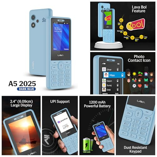 Lava A5 2025 Dual SIM Keypad Mobile with 24 Big Display UPI Support 1200mAh Battery BOL Feature Camera Auto Call Recording Glass Finish and 7 Regional Languages - Blue