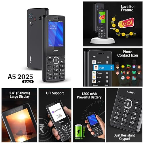 Lava A5 2025 Dual SIM Keypad Mobile with 24 Big Display UPI Support 1200mAh Battery BOL Feature Camera Auto Call Recording Glass Finish and 7 Regional Languages - Black