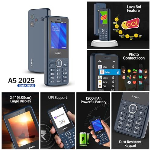 Lava A5 2025 Dual SIM Keypad Mobile with 24 Big Display UPI Support 1200mAh Battery BOL Feature Camera Auto Call Recording Glass Finish and 7 Regional Languages - Dark Blue
