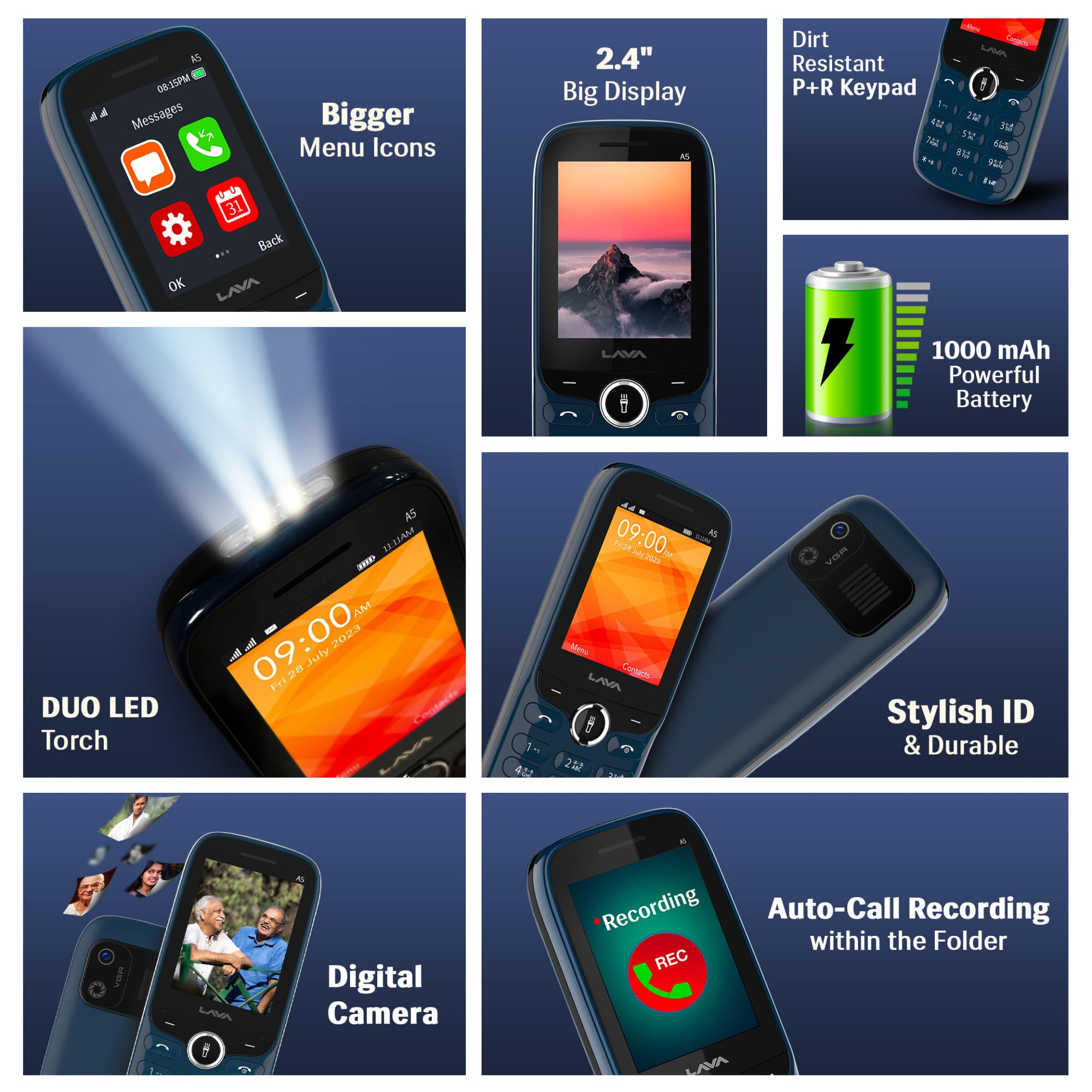 Lava A523 Dual Sim Keypad Mobile Phone with Camera Duo LED Torch 24 Large Display - Big Icons Auto Call Recording Loud Speaker Number Talker Long Battery Life Blue