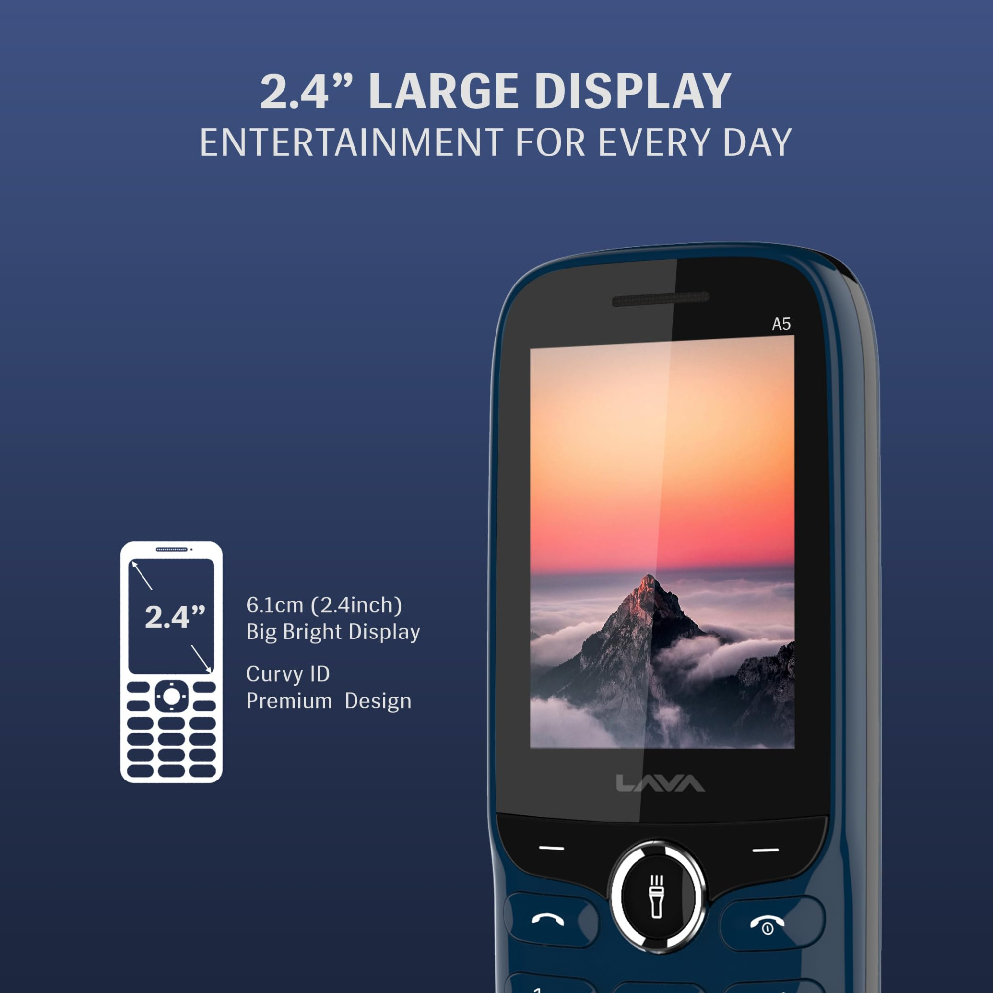 Lava A523 Dual Sim Keypad Mobile Phone with Camera Duo LED Torch 24 Large Display - Big Icons Auto Call Recording Loud Speaker Number Talker Long Battery Life Blue