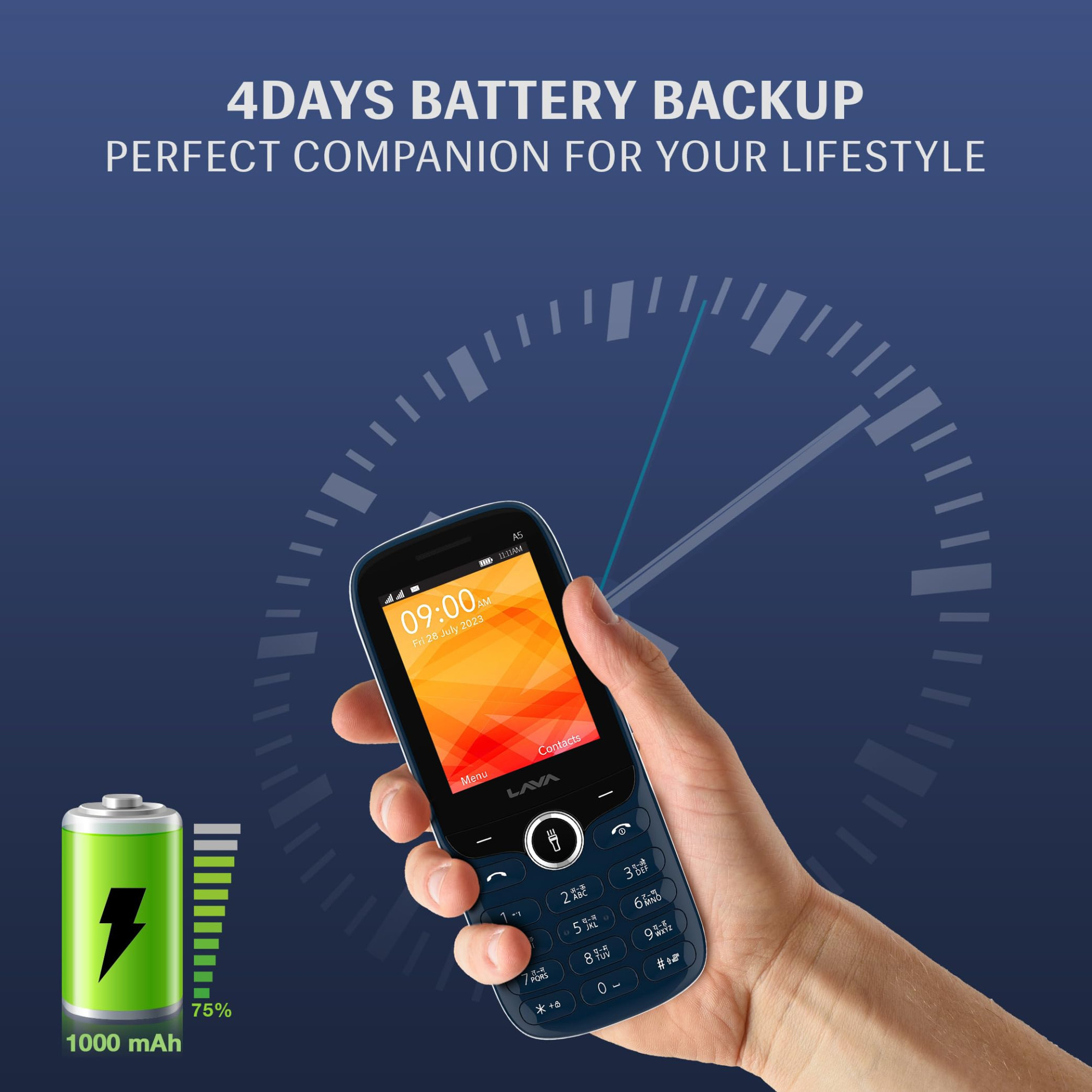 Lava A523 Dual Sim Keypad Mobile Phone with Camera Duo LED Torch 24 Large Display - Big Icons Auto Call Recording Loud Speaker Number Talker Long Battery Life Blue