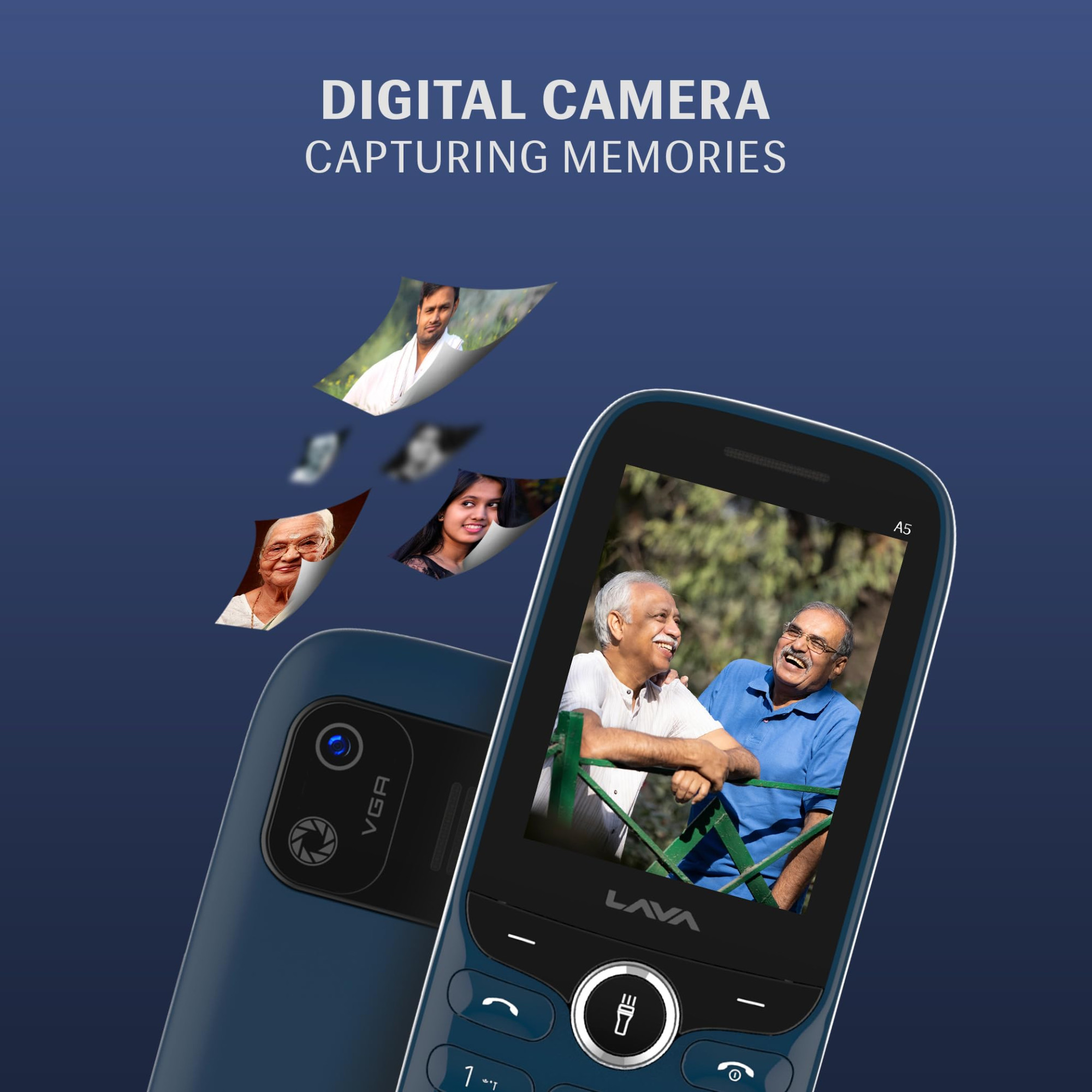 Lava A523 Dual Sim Keypad Mobile Phone with Camera Duo LED Torch 24 Large Display - Big Icons Auto Call Recording Loud Speaker Number Talker Long Battery Life Blue