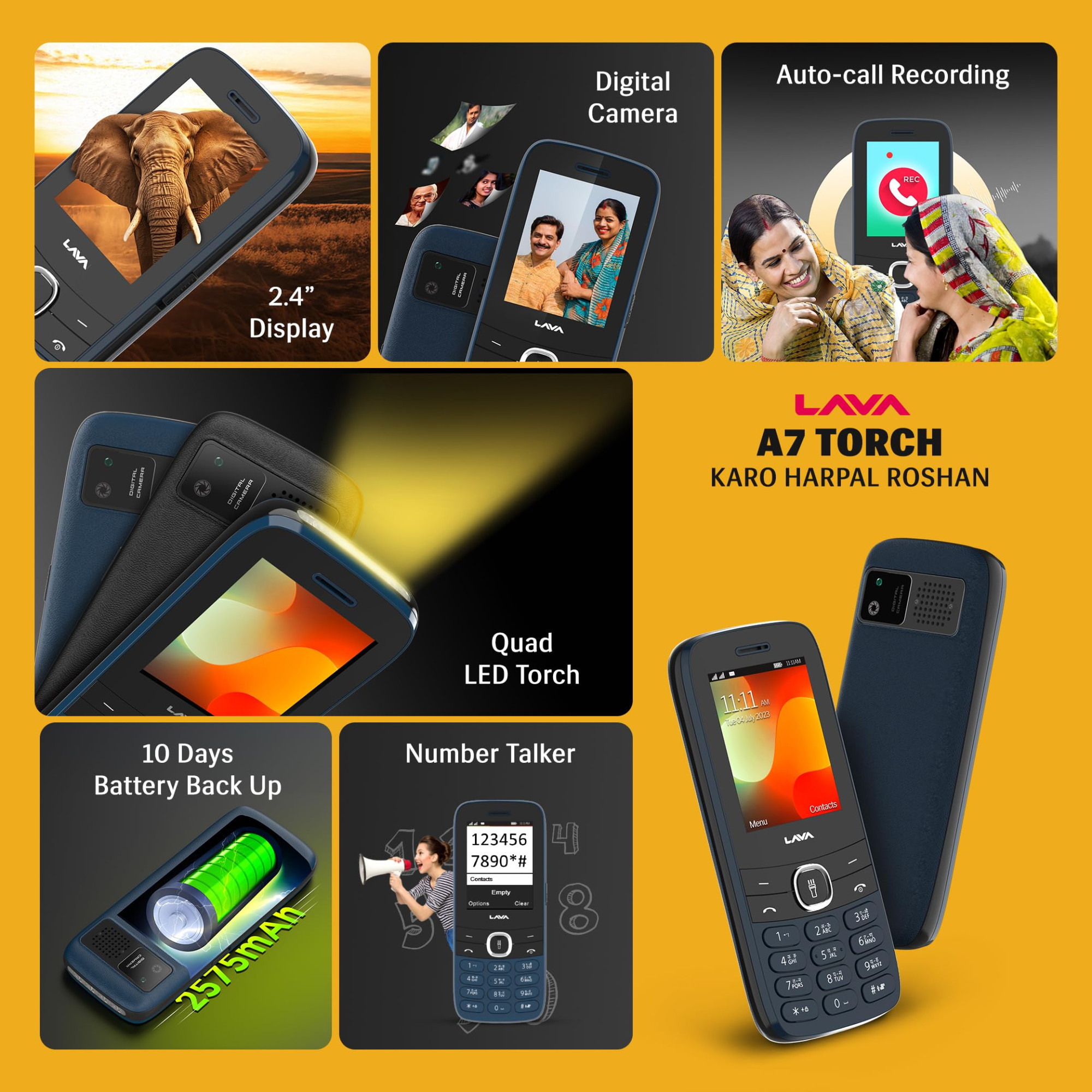 Lava A7 Torch Dual Sim Keypad Mobile Phone with Instant Slide Torch 24 Big Display Powerful Battery Backup Vibration Alert Camera Wireless FM Bluetooth Blue