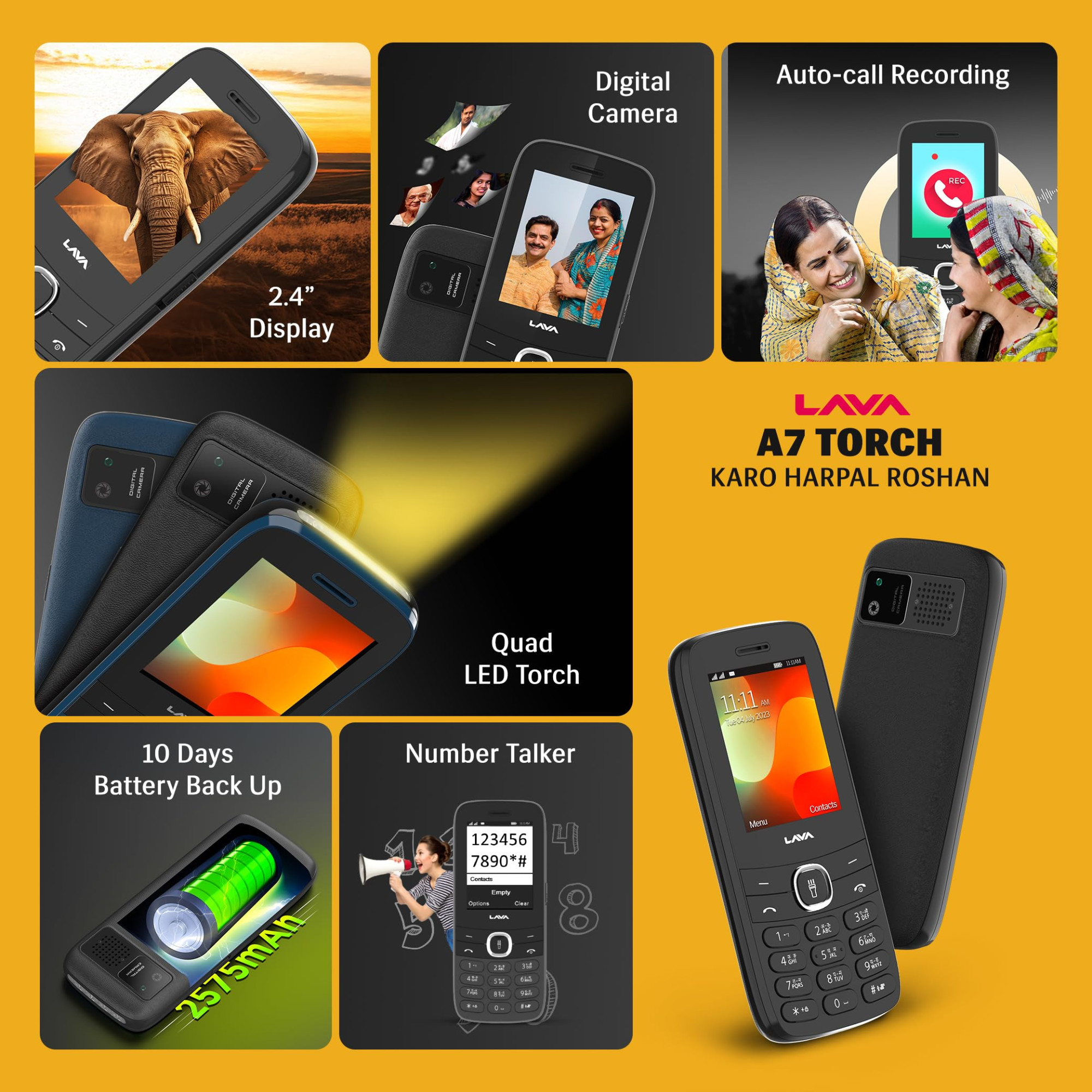 Lava A7 Torch Dual Sim Keypad Mobile Phone with Instant Slide Torch 24 Big Display Powerful Battery Backup Vibration Alert Camera Wireless FM Bluetooth Black