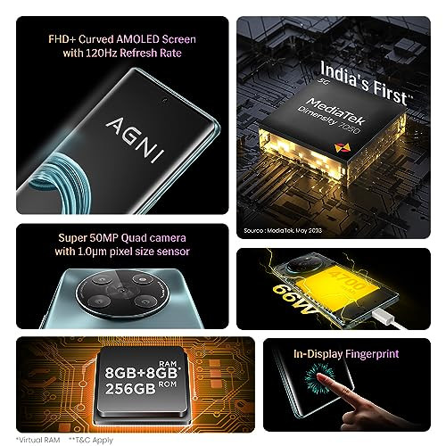 Lava Agni 2 5G Glass Viridian 8GB RAM 256GB Storage Indias First Dimensity 7050 Processor 120 Hz Curved Amoled Display 13 5G Bands Superfast 66W Charging Clean Android
