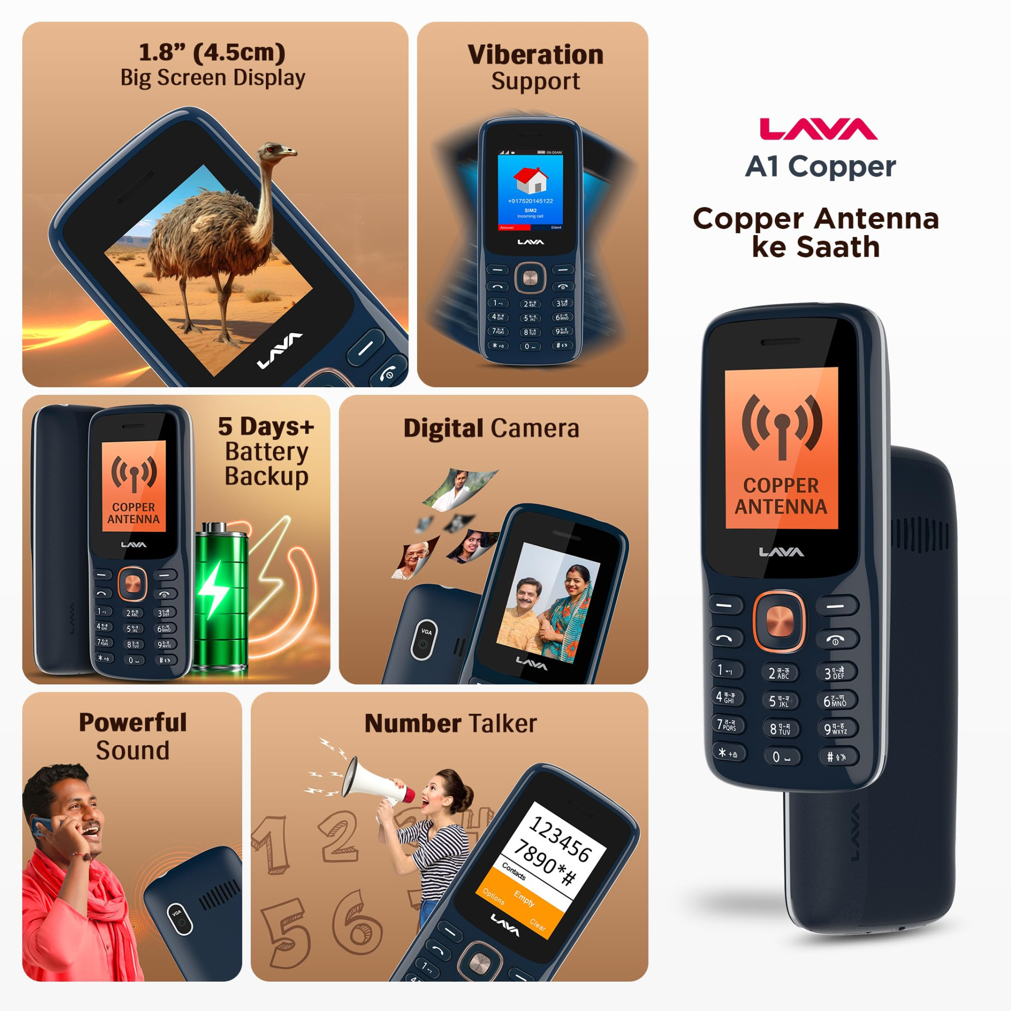 Lava All-New A1 Copper Keypad Mobile Phone with Long Lasting Smart AI Battery  177inch Display  Bluetooth Support  Military Grade Certified  32 GB Expandable Memory  Blue Silver