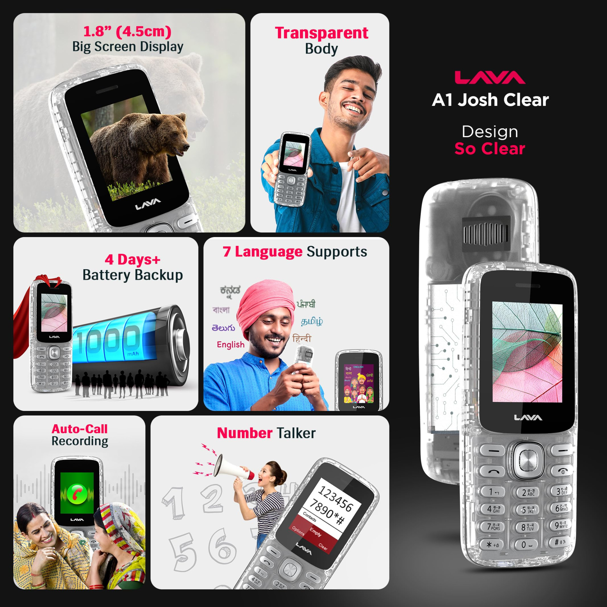 Lava All-New A1 Josh Clear Keypad Mobile Phone with BOL Feature Upto 11 Days of Battery Backup Message Speak Auto Call Recording 22 Launguages Read Support Call Blink Notification Clear