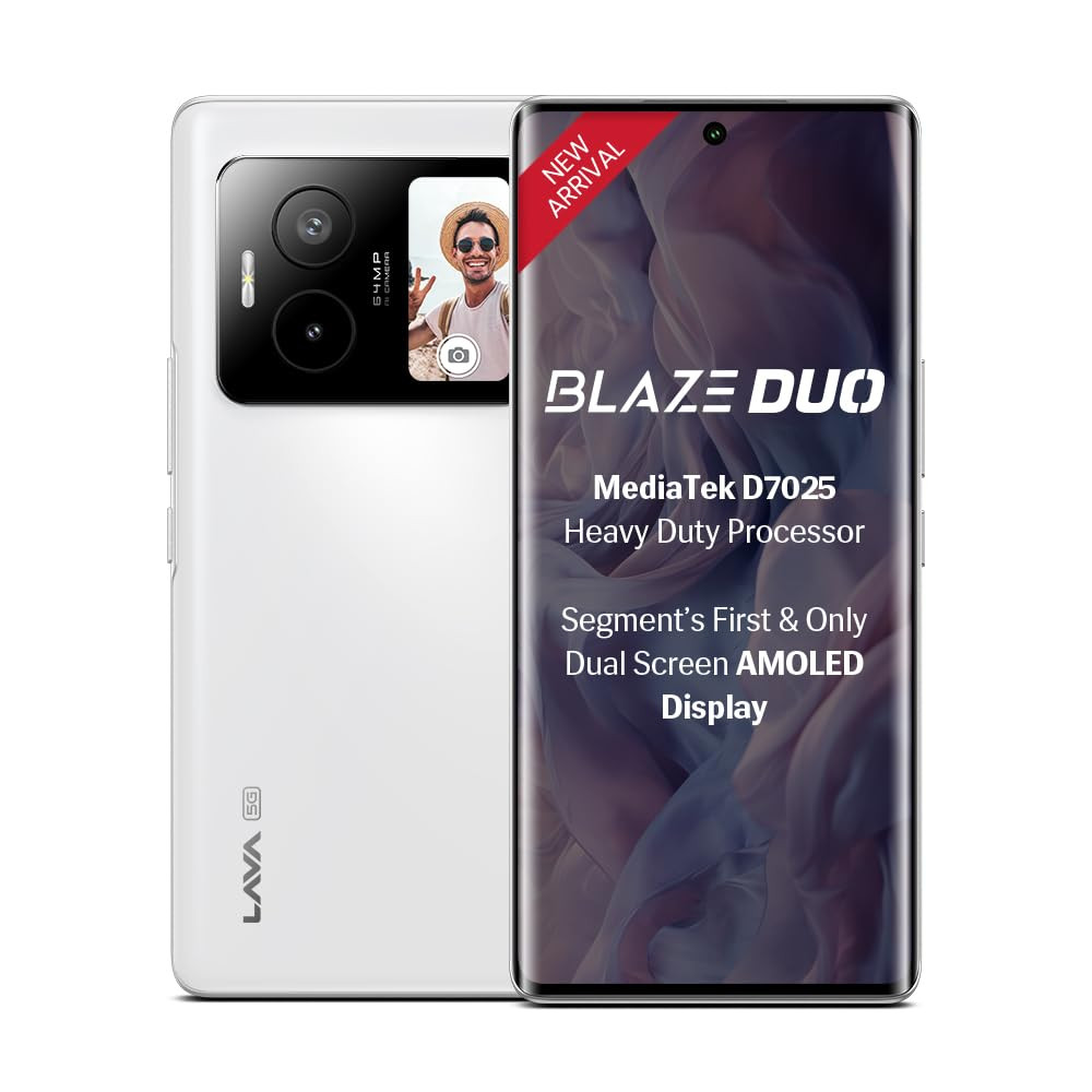 Lava Blaze Duo 5G Arctic White 8GB RAM 128GB Storage Segments First Secondary Screen120 Hz Curved Amoled Display 64 MP Camera Sony Sensor MediaTek Dimensity 7025 Processor
