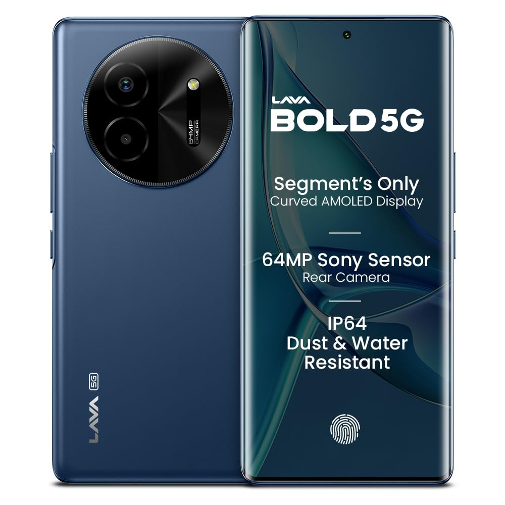 Lava Bold 5G Sapphire Blue 4GB RAM 128GB Storage  3D Curved FHD AMOLED Display  Mediatek Dimensity 6300 Processor  IP64 Water Resistance  64MP Rear Sensor  Supports All Indian 5G Bands