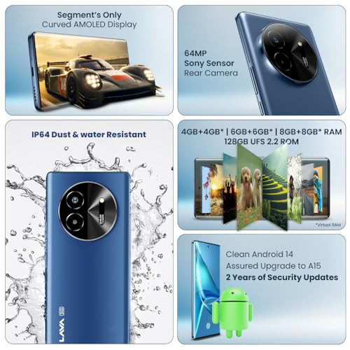 Lava Bold 5G Sapphire Blue 6GB RAM 128GB Storage  3D Curved FHD AMOLED Display  Mediatek Dimensity 6300 Processor  IP64 Water Resistance  64MP Rear Sensor  Supports All Indian 5G Bands