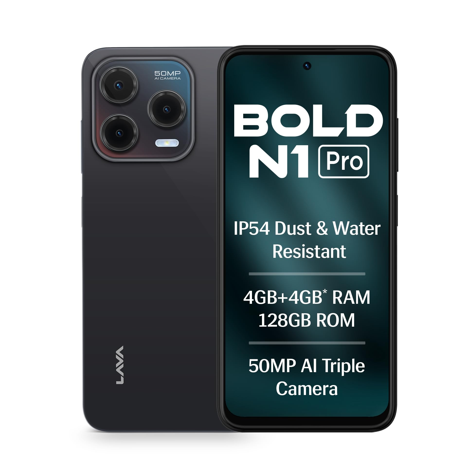Lava Bold N1 Pro Stealth Black 4 GB RAM 128 GB Storage Bigger 667 HD IP54 Display 120 Hz Refresh Rate 50 MP AI Triple Rear Camera 8 MP Front Camera 5000 mAh Battery Charger in Box