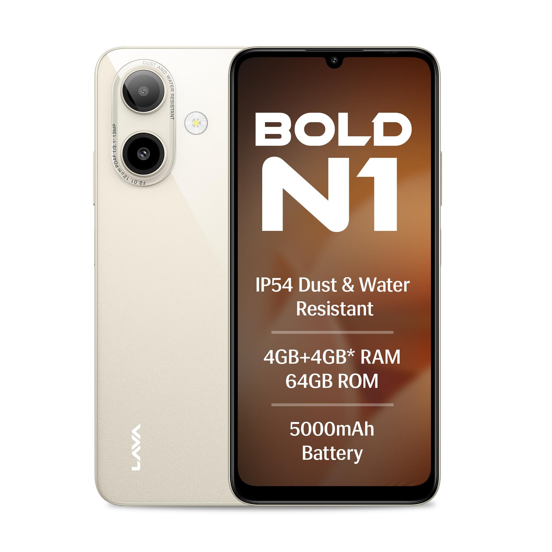Lava Bold N1 Sparkling Ivory 4 GB RAM 64 GB Storage 675 90 Hz HD Display 13MP AI Dual Rear Camera 5000 mAh Battery Secure Face Unlock Fingerprint Reader Charger Phone-Case in Box