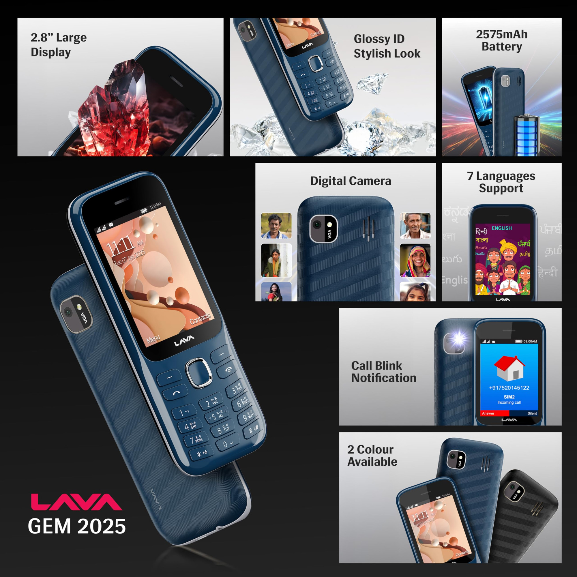 Lava Gem 2025 Dual Sim Keypad Phone 28 Display Camera  Flash  2575mAh Smart AI Powerful Battery  Wireless FM  Recording  Stereo Speakers  Call Recording Blue Chrome