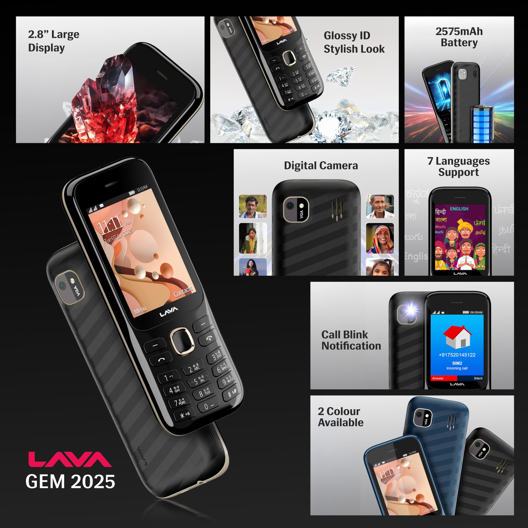 Lava Gem 2025 Dual Sim Keypad Phone 28 Display Camera Flash 2575mAh Smart AI Powerful Battery Wireless FM Recording Stereo Speakers Call Recording Black Gold