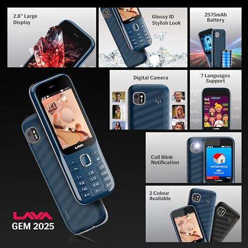 Lava Gem 2025 Dual Sim Keypad Phone 28 Display Camera Flash 2575mAh Smart AI Powerful Battery Wireless FM Recording Stereo Speakers Call Recording Blue Chrome