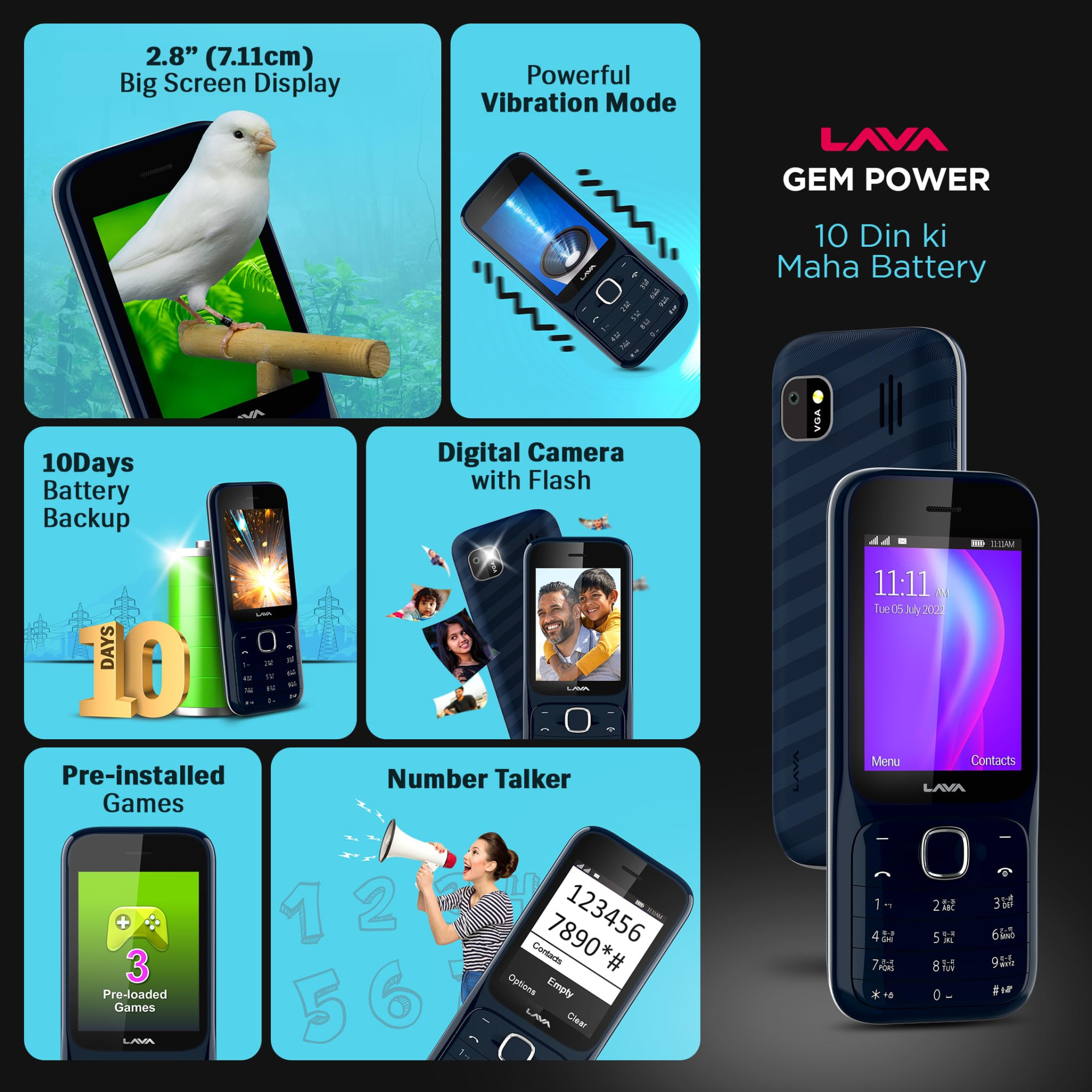 Lava Gem Power Dual Sim Keypad Phone 28 Display Camera Flash 2575mAh Smart AI Powerful Battery Wireless FM Recording 7-Language Support Stereo Speakers Call Recording Blue Chrome