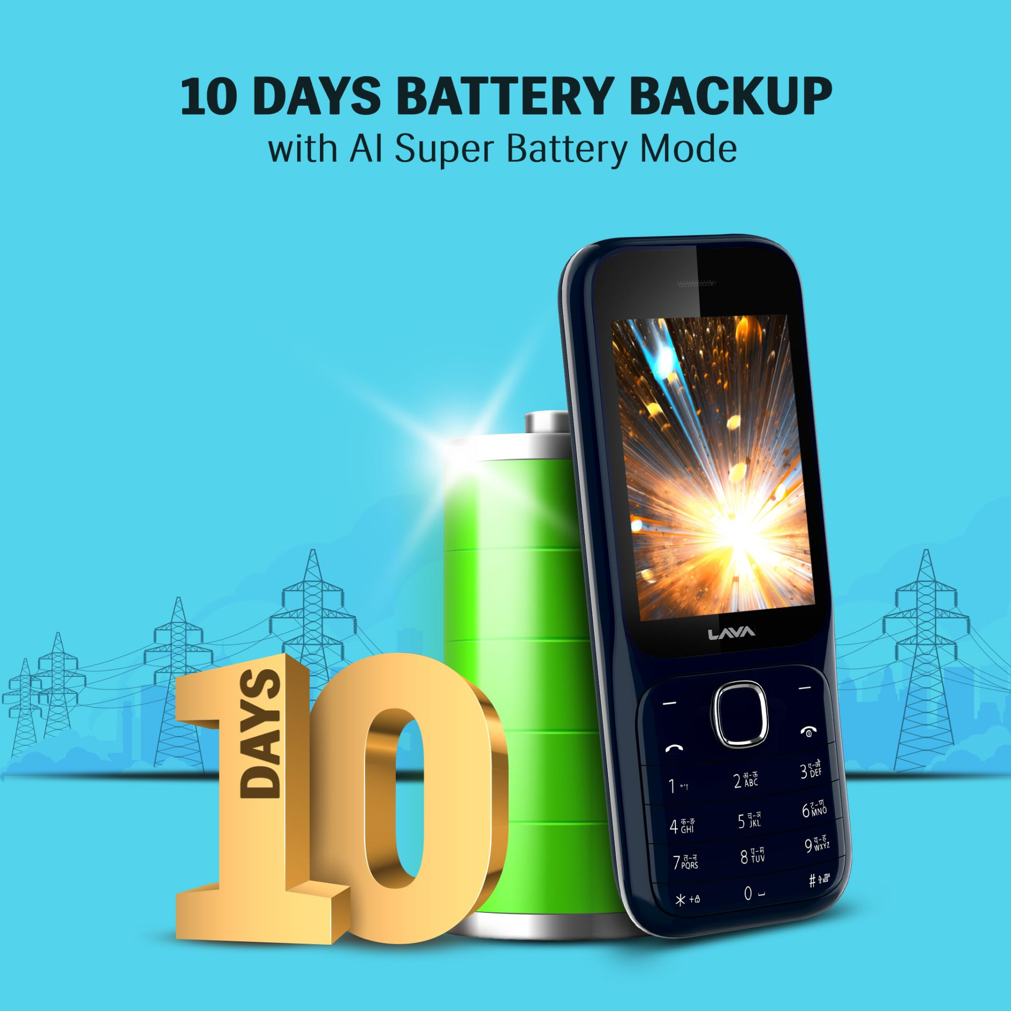 Lava Gem Power Dual Sim Keypad Phone 28 Display Camera Flash 2575mAh Smart AI Powerful Battery Wireless FM Recording 7-Language Support Stereo Speakers Call Recording Blue Chrome