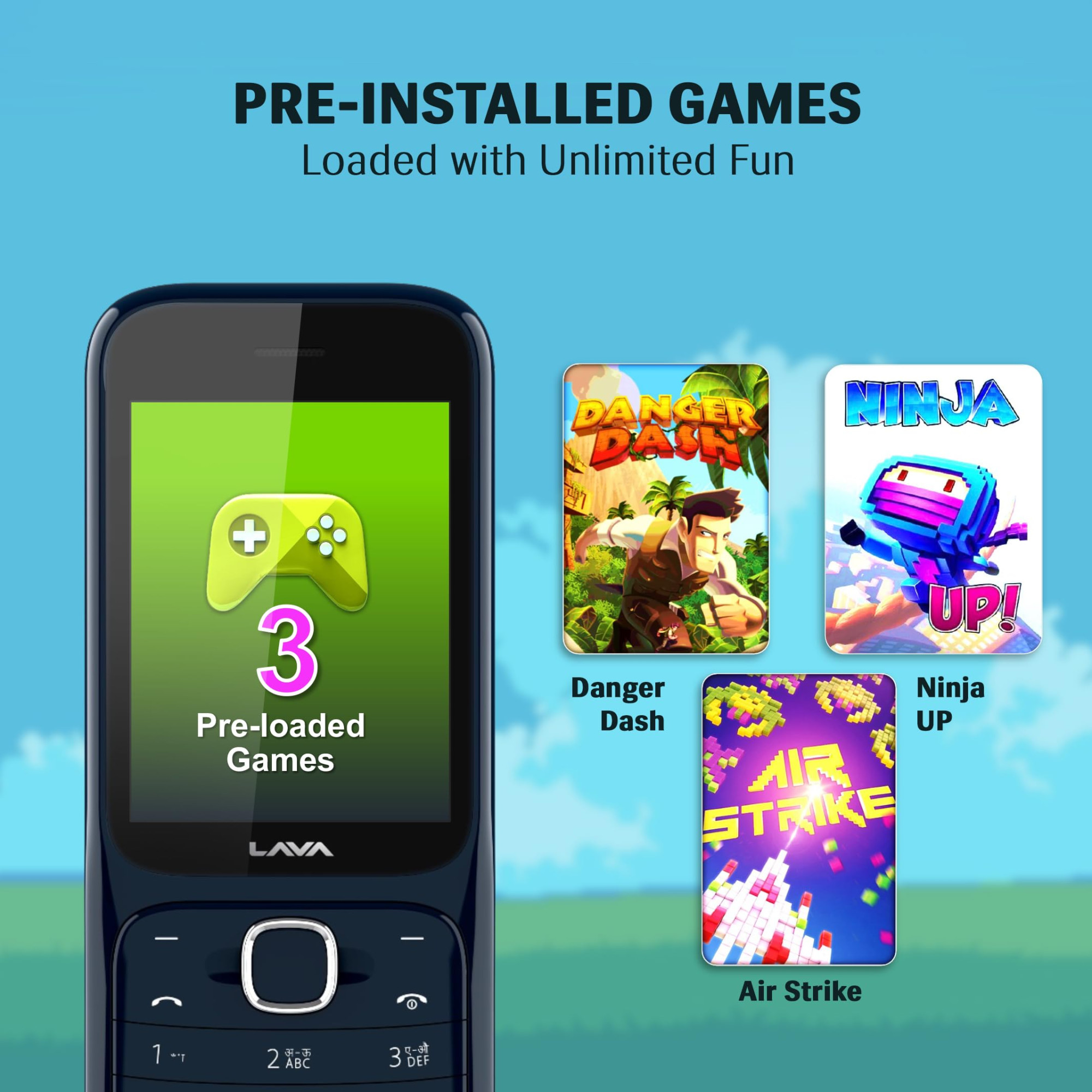 Lava Gem Power Dual Sim Keypad Phone 28 Display Camera Flash 2575mAh Smart AI Powerful Battery Wireless FM Recording 7-Language Support Stereo Speakers Call Recording Blue Chrome