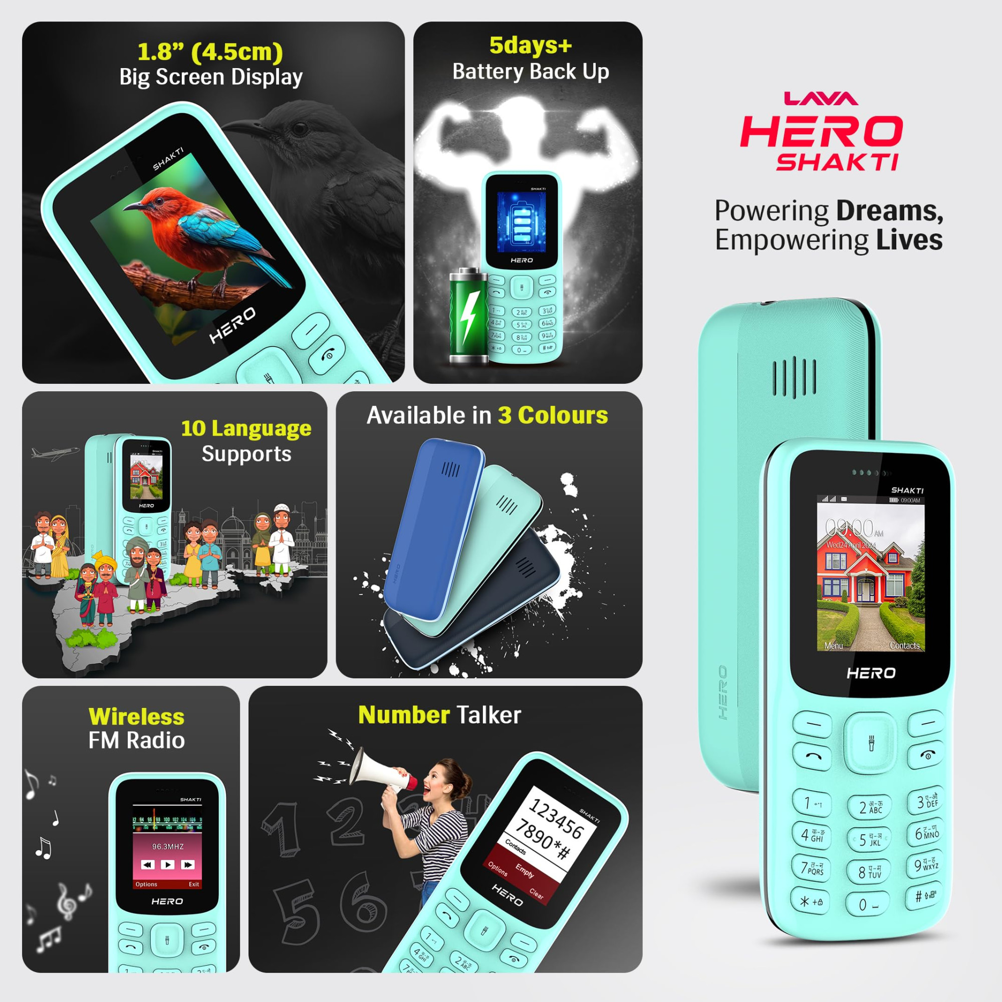 Lava Hero Shakti Dual Sim Keypad Mobile Phone with Vibration Alert 18 Display Super Saving Battery Mode Stylish Keypad Sturdy Build Number Talker Mint Green