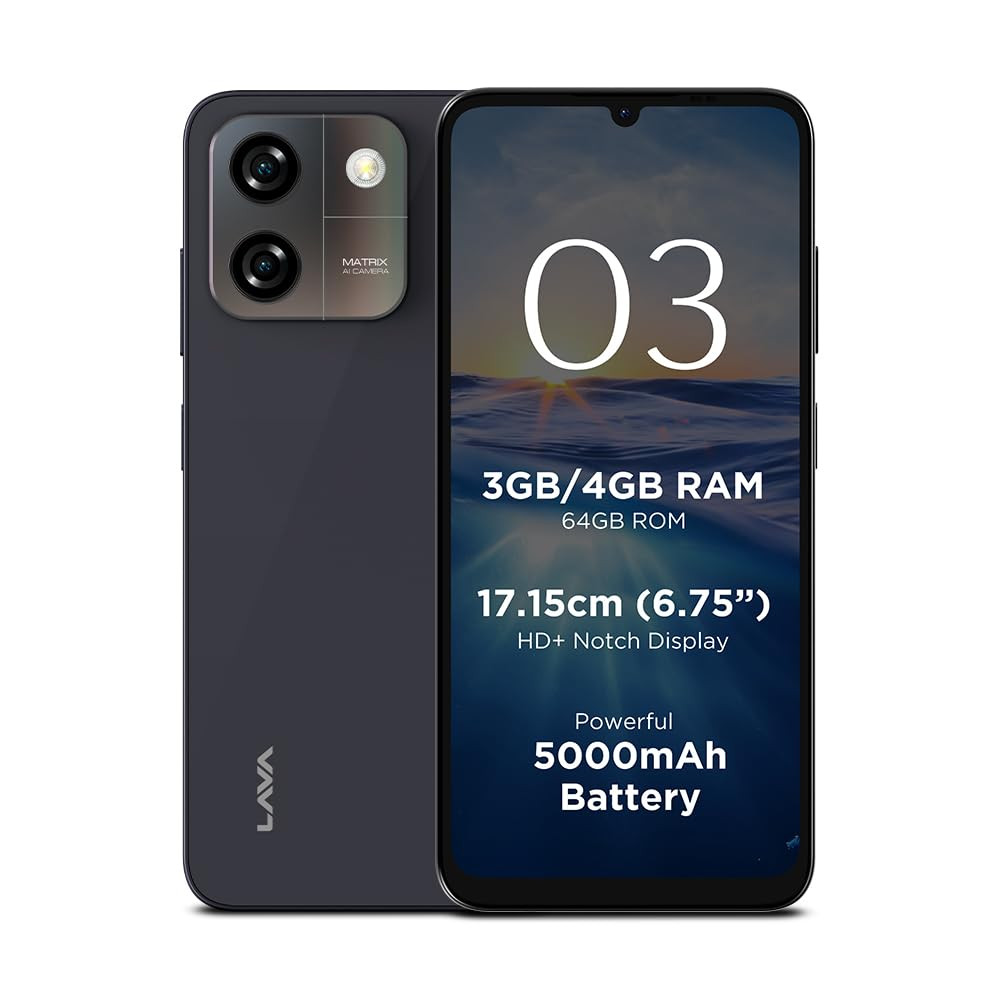 Lava O3 Glossy Black 4 GB RAM 64 GB Storage Biggest 675 HD Display 13MP AI Dual Rear Camera 5000 mAh Battery Secure Face Unlock Fingerprint Reader Charger Phone-Cover in Box