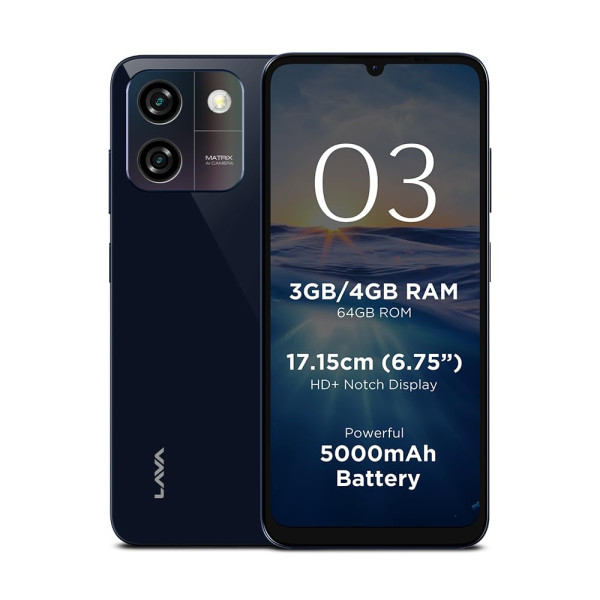 Image of Lava O3 (Glossy Blue, 3 GB RAM, 64 GB Storage) | Biggest 6.75" HD+ Display | 13MP AI Dual Rear Camera | 5000 mAh Battery | Secure Face Unlock | Fingerprint Reader | Charger &amp; Phone-Cover in Box
