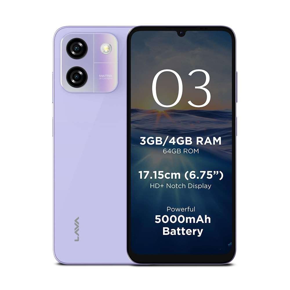 Lava O3 Glossy Lavender 4 GB RAM 64 GB Storage  Biggest 675 HD Display  13MP AI Dual Rear Camera  5000 mAh Battery  Secure Face Unlock  Fingerprint Reader  Charger  Phone-Cover in Box