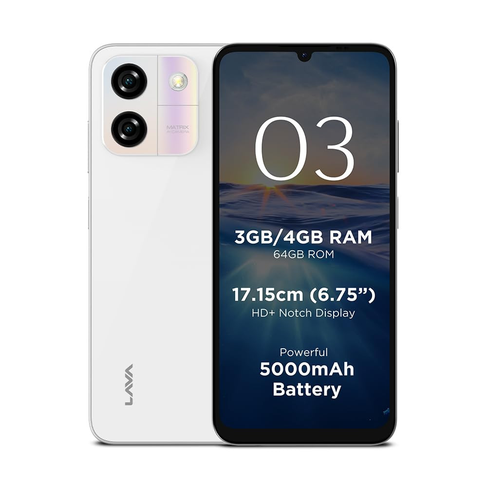 Lava O3 Glossy White 3 GB RAM 64 GB Storage Biggest 675 HD Display 13MP AI Dual Rear Camera 5000 mAh Battery Secure Face Unlock Fingerprint Reader Charger Phone-Cover in Box