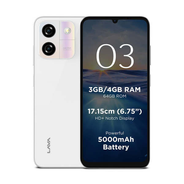 Image of Lava O3 (Glossy White, 3 GB RAM, 64 GB Storage) | Biggest 6.75" HD+ Display | 13MP AI Dual Rear Camera | 5000 mAh Battery | Secure Face Unlock | Fingerprint Reader | Charger &amp; Phone-Cover in Box