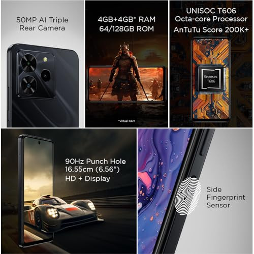 Lava O3 Pro Glossy Black 4 GB RAM 64 GB Storage Bigger 656 HD Display 50 MP AI Triple Rear Camera 8 MP Front Camera 5000 mAh Battery 10W Charging Charger in Box