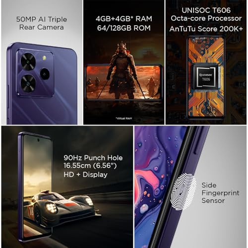 Lava O3 Pro Glossy Purple 4 GB RAM 64 GB Storage Bigger 656 HD Display  50 MP AI Triple Rear Camera  8 MP Front Camera 5000 mAh Battery  10W Charging  Charger in Box
