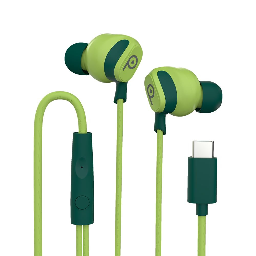 Lava Probuds E1c in Ear Earphone 12mm Bass Boosted Copper Driver with Pocket Comfy C Type Jack with Wire Protector Dual Tone Stylish Design in-Built Mic IPX4 Water Resistant Green