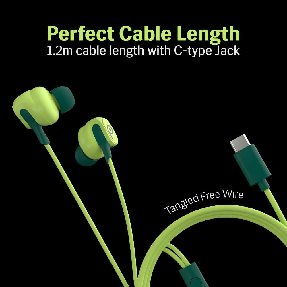 Lava Probuds E1c in Ear Earphone 12mm Bass Boosted Copper Driver with Pocket Comfy C Type Jack with Wire Protector Dual Tone Stylish Design in-Built Mic IPX4 Water Resistant Green