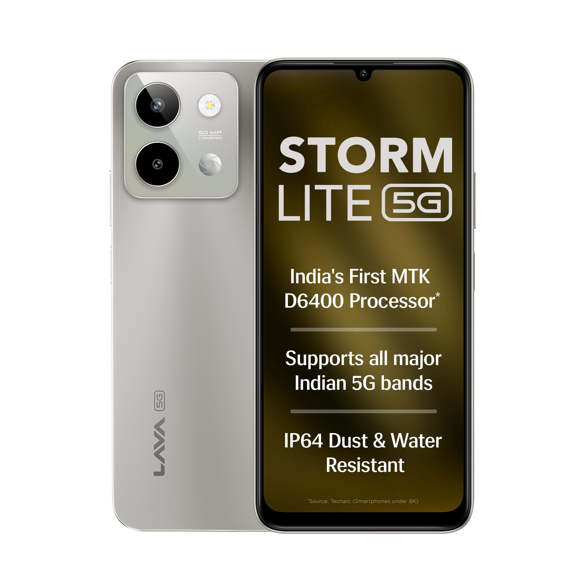Lava Storm Lite 5G Cosmic Titanium 44GB RAM 128GB Storage Indias First MTK Dimensity 6400 Processor 50MP AI Camera IP64 Rated 120 Hz Display 5000 mAh Battery Supports All 5G Bands