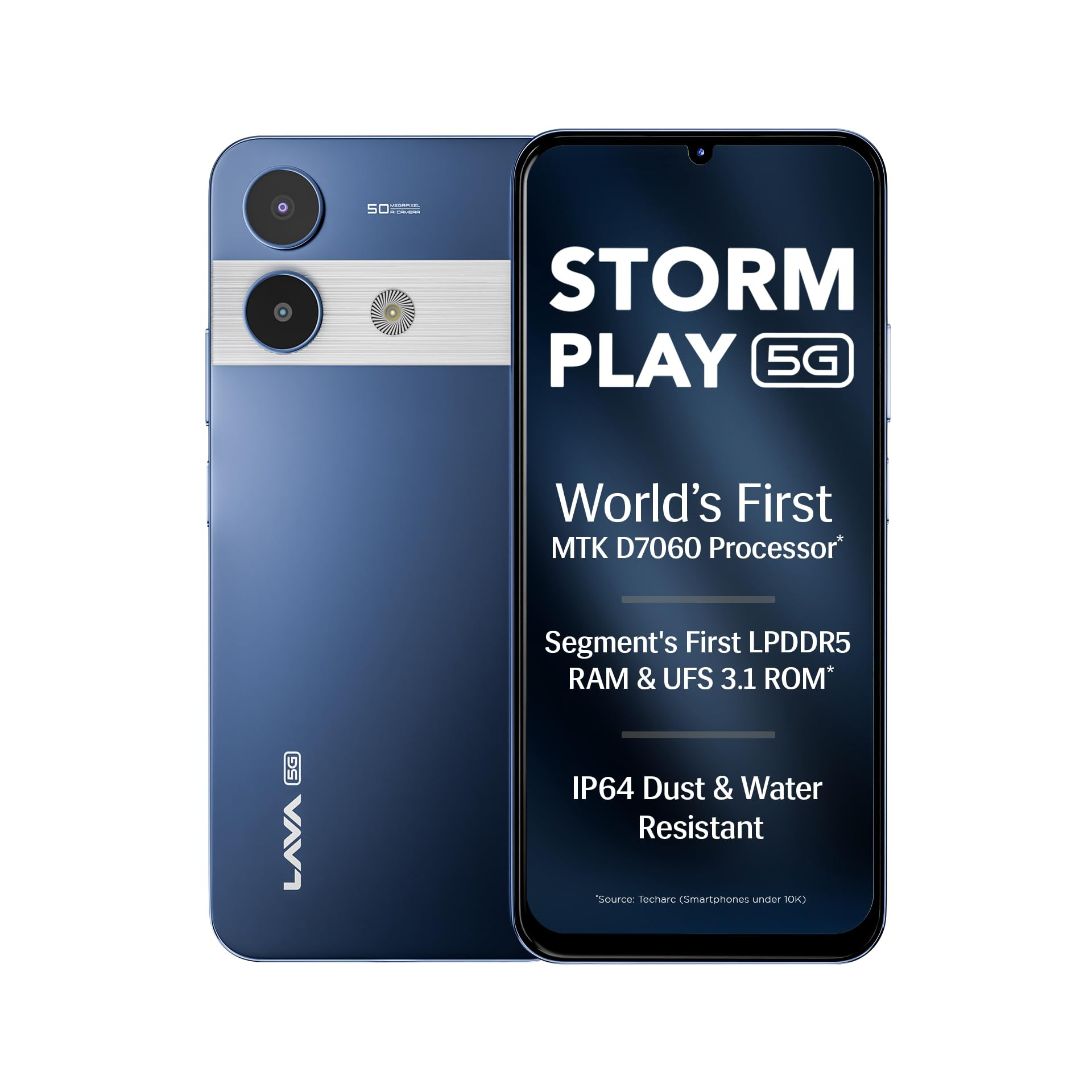Lava Storm Play 5G Frosty Blue 66GB RAM 128GB Storage  Worlds First MTK D7060 Processor  500k Antutu  LPDDR5 RAM  UFS 31 Storage  50MP AI Camera  120Hz Refresh Rate  IP64 Protection