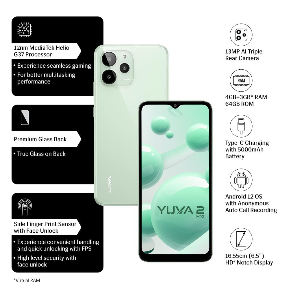 Lava Yuva 2 Pro Glass Green 4GB RAM 64GB Storage 23 Ghz Octa Core Helio G37 13 MP AI Triple Camera Fingerprint Sensor 5000 mAh Battery Upto 7GB Expandable RAM