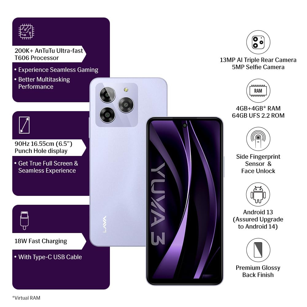 Lava Yuva 3 Cosmic Lavender44GB RAMUFS 22 64GB StoragePremium Glossy BackOctacore Processor18W Fast Charging90Hz Punch Hole Display13MP AI Triple CameraSide Fingerprint Sensor
