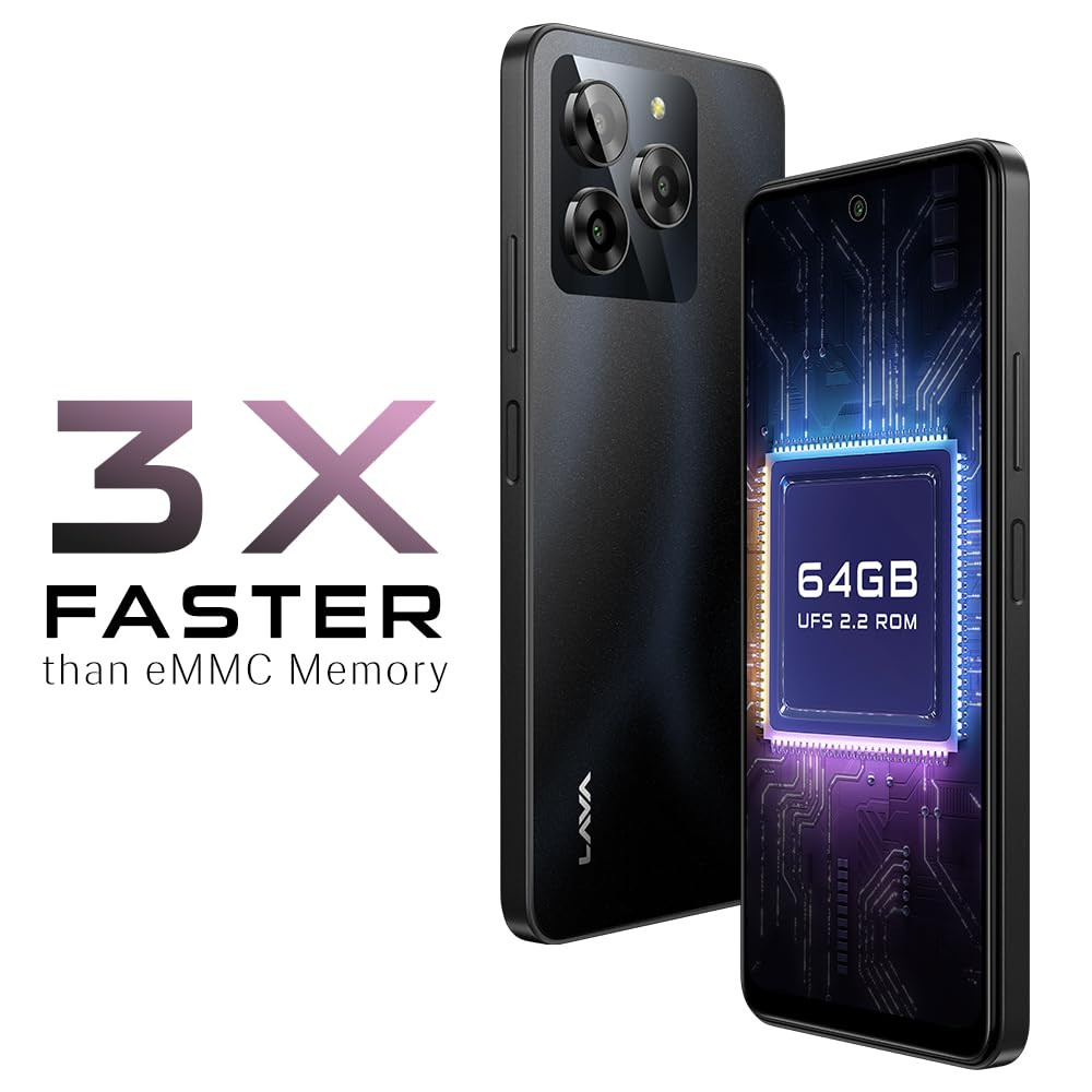 Lava Yuva 3 Eclipse Black44GB RAMUFS 22 64GB StoragePremium Glossy BackOctacore Processor18W Fast Charging90Hz Punch Hole Display13MP AI Triple CameraSide Fingerprint Sensor