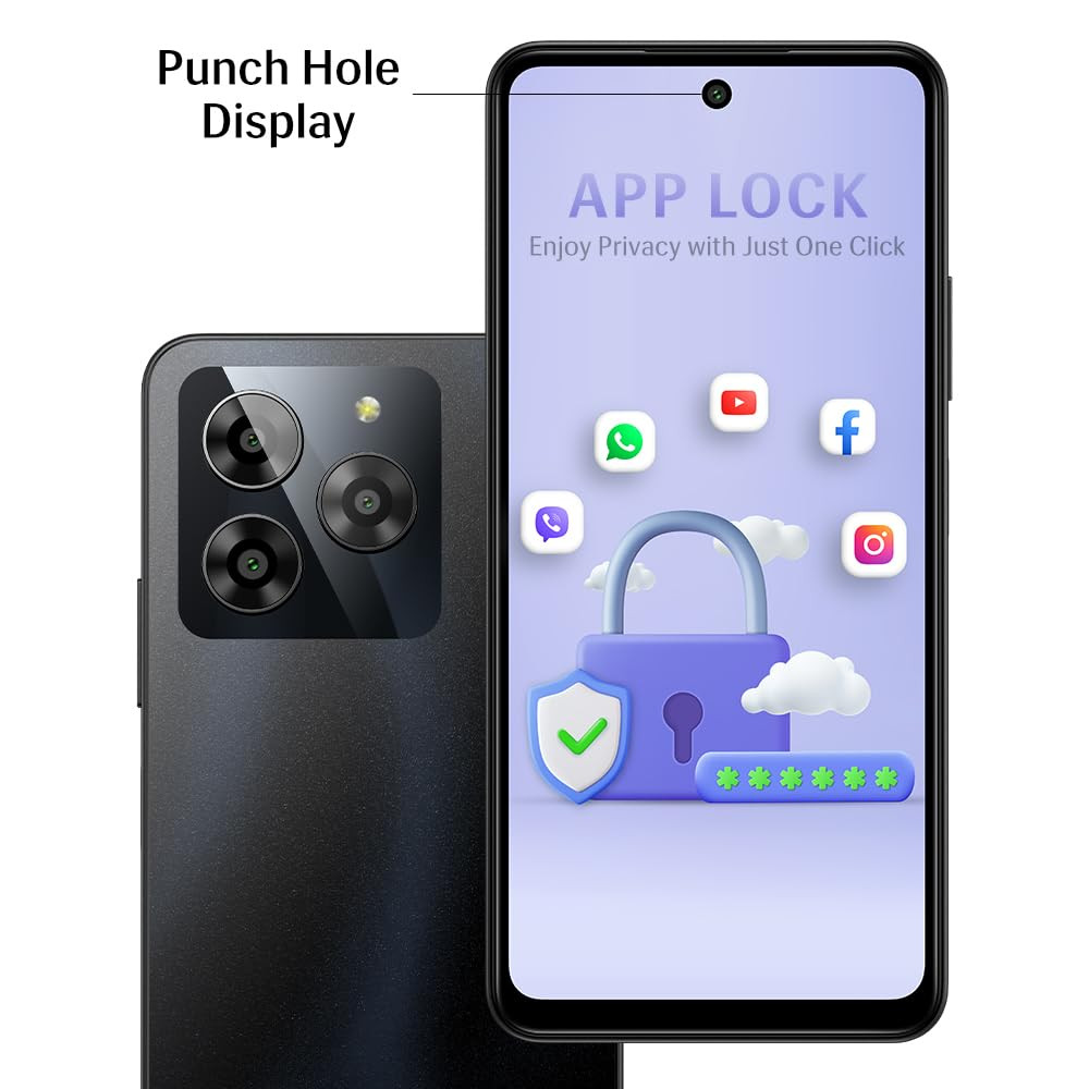 Lava Yuva 3 Eclipse Black44GB RAMUFS 22 64GB StoragePremium Glossy BackOctacore Processor18W Fast Charging90Hz Punch Hole Display13MP AI Triple CameraSide Fingerprint Sensor