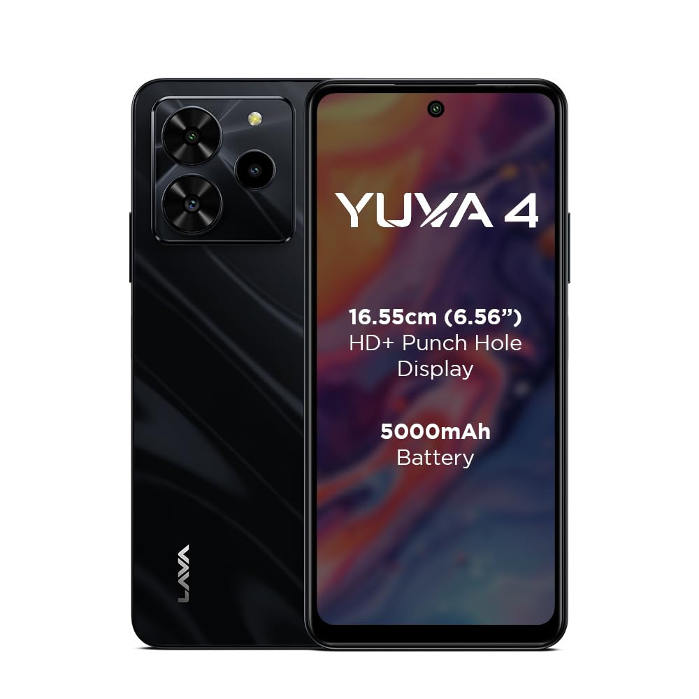 Lava Yuva 4 Glossy Black 4 GB RAM 128 GB Storage Bigger 656 HD Display 50 MP AI Triple Rear Camera 8 MP Front Camera 5000 mAh Battery 10W Charging Charger in Box