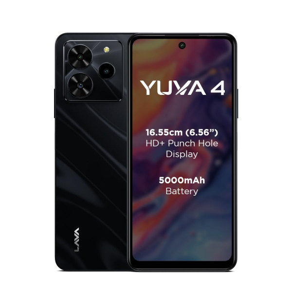 Image of Lava Yuva 4 (Glossy Black, 4 GB RAM, 128 GB Storage)| Bigger 6.56" HD+ Display | 50 MP AI Triple Rear Camera | 8 MP Front Camera| 5000 mAh Battery | 10W Charging | Charger in Box