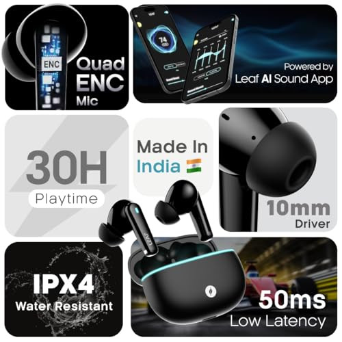 Leaf Buds X121 True Wireless Earbuds AI Sound App 30H Playtime Quad Mic with ENC 50ms Low Latency Fast Charging10min200min 10mm Driver IPX5 Bluetooth v54 TWS Carbon Black