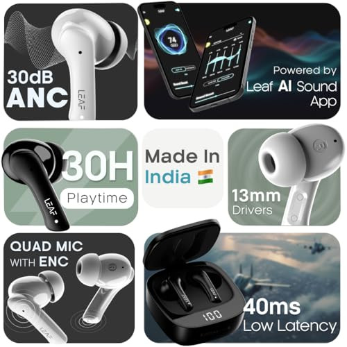 Leaf Buds X614 True Wireless ANC Earbuds with AI SOUND App Active Noise Cancellation Transparency Mode 30H Playtime Quad Mic ENC 40ms Low Latency 13mm Driver IPX5 Bluetooth v53 Carbon Black