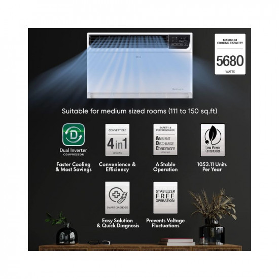 LG 15 Ton 5 Star DUAL Inverter Window AC Copper Convertible 4-in-1 cooling RW-Q18WUZA 2023 Model HD Filter with Anti-Virus Protection White